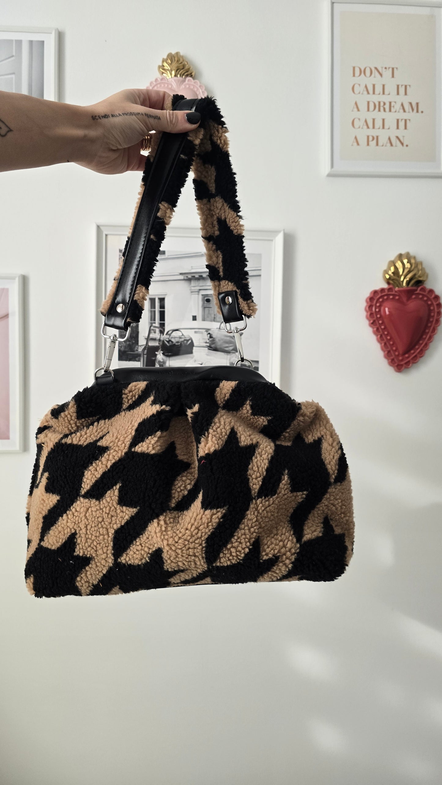 BORSA CLIC CLAC TEDDY pied de poule CAMMELLO/NERO