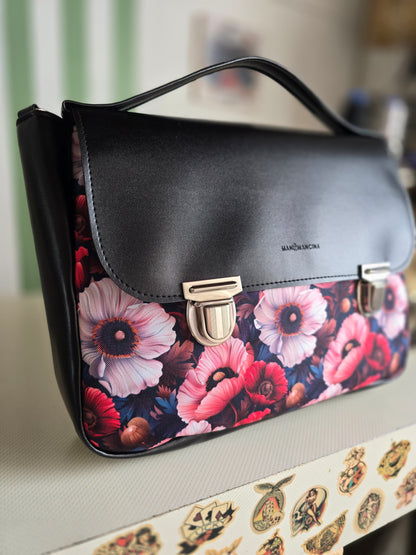 "DOTTY" VEGAN maxi SIMILPELLE nero / fiori bordeaux