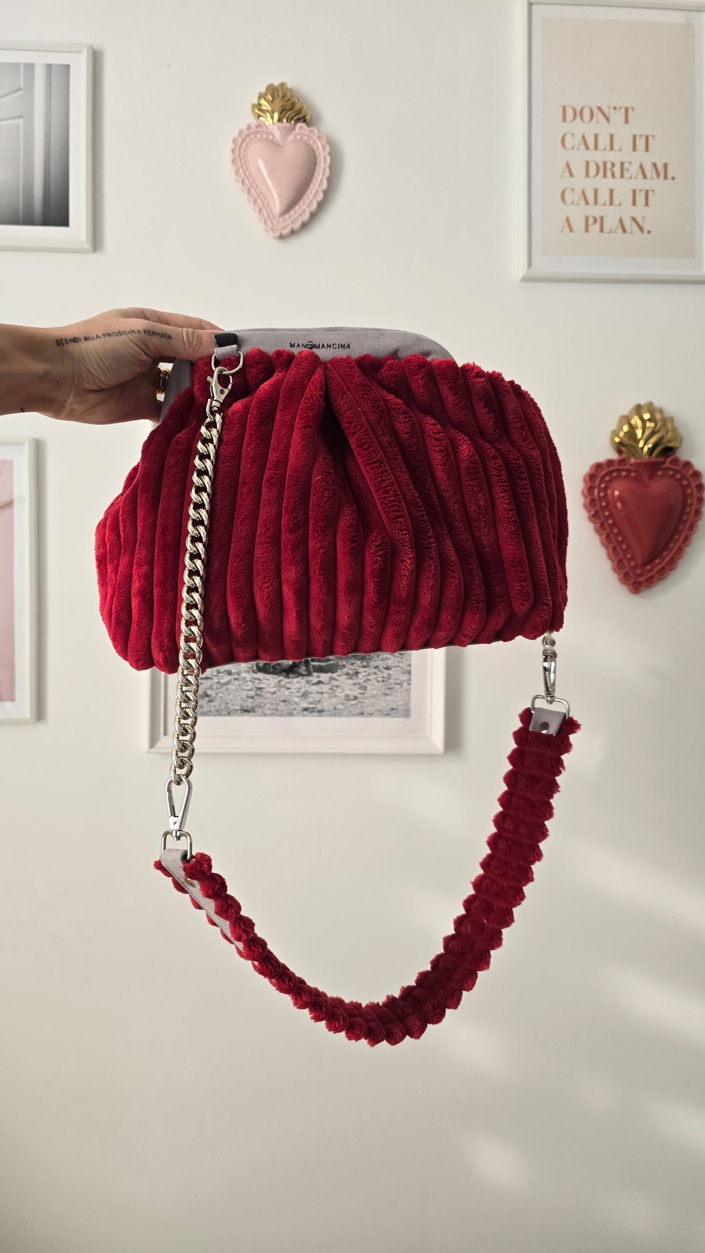 BORSA CLIC CLAC VELLUTO COSTONI bordeaux/grigio suede