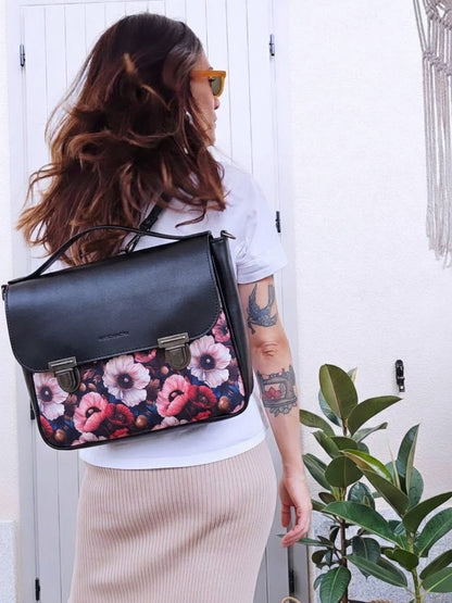"DOTTY" VEGAN maxi SIMILPELLE nero / fiori bordeaux