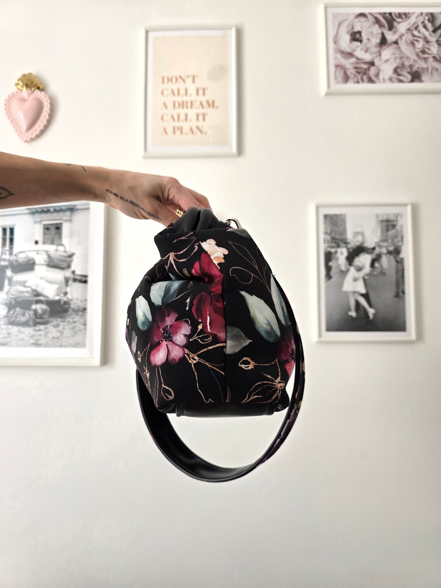 BORSA CLIC CLAC nero / fiori nero bordeaux