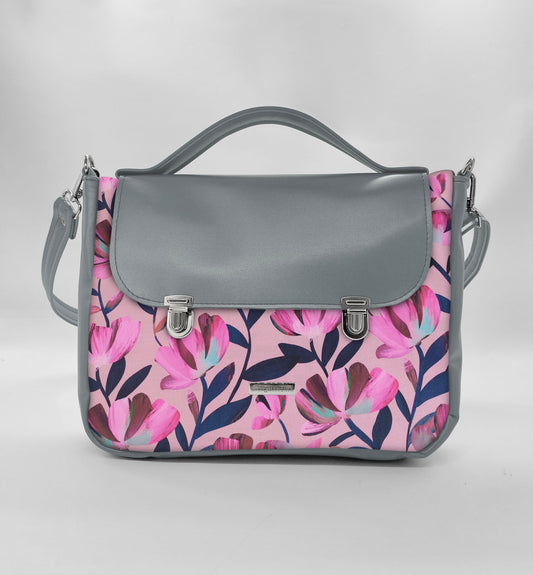 "DOTTY" VEGAN midi SIMILPELLE grigio/fiori fucsia