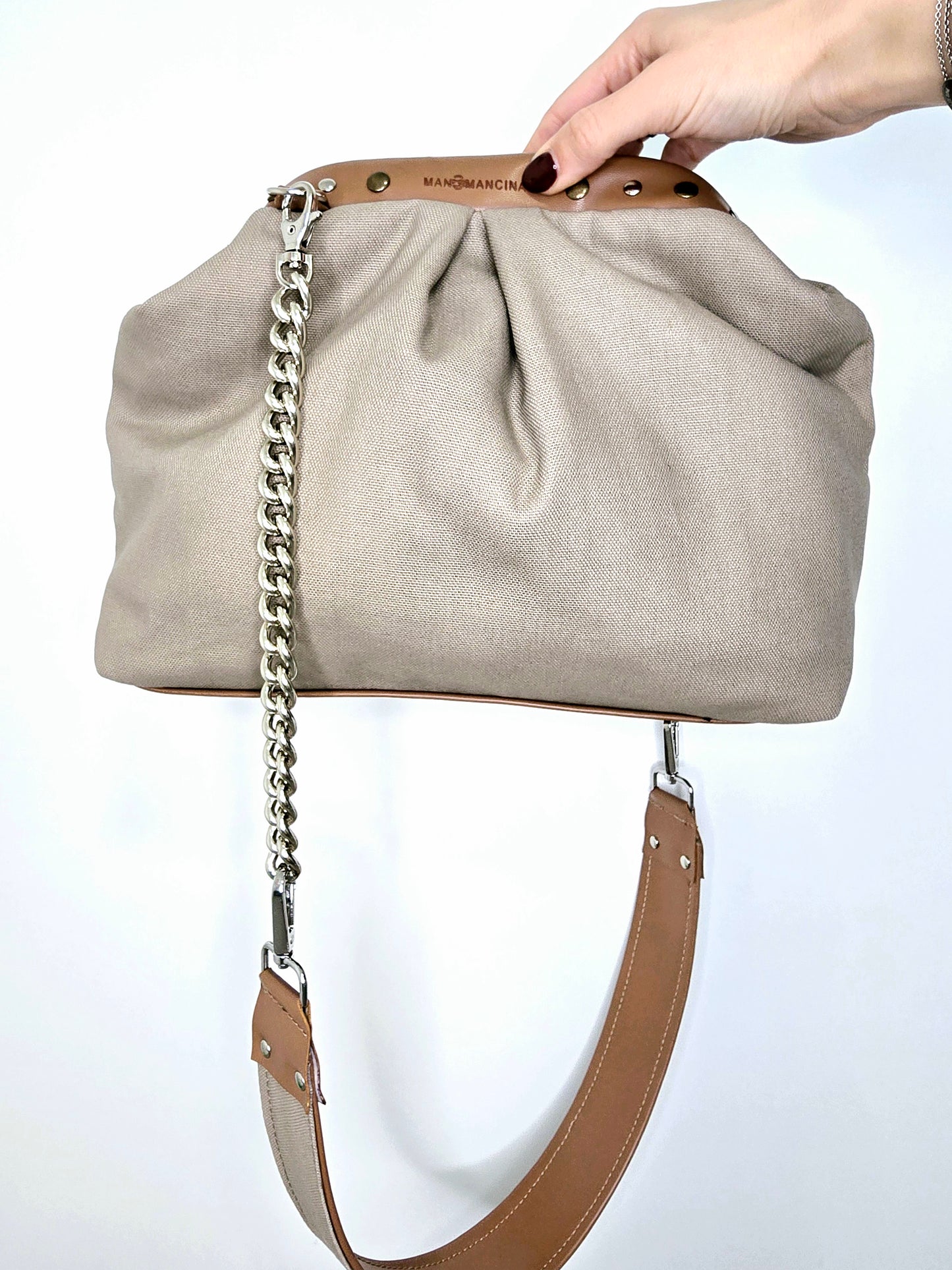 BORSA CLIC CLAC cuoio/borchie/canvas beige
