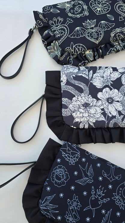 "MIRTA" pochette con rouches FIORI SERPENTI