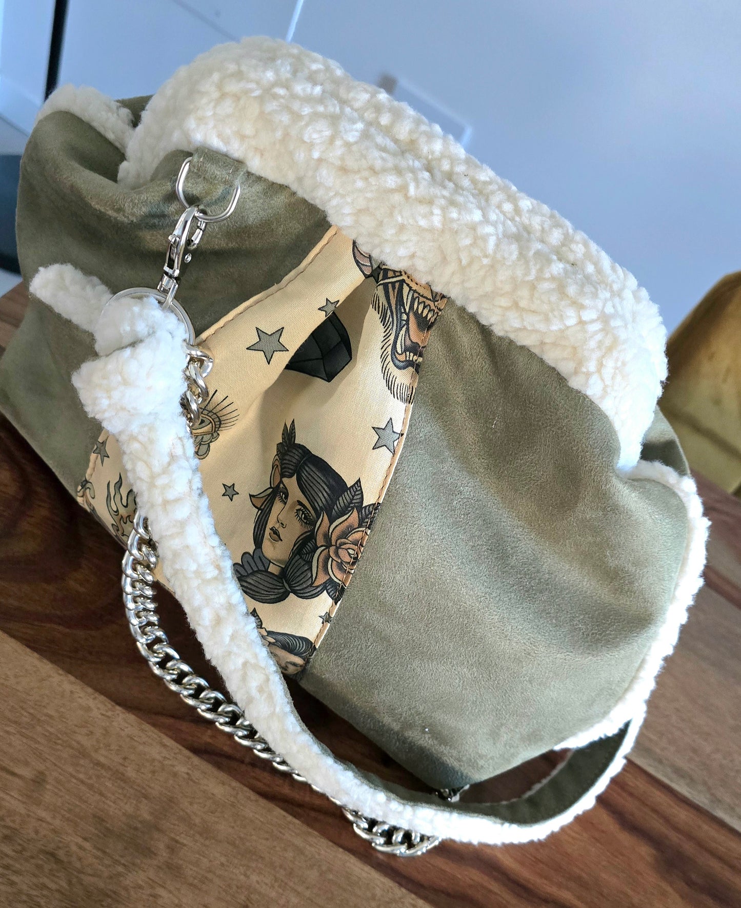 BORSA CLIC CLAC- simil suede/montone verde militare tattoo