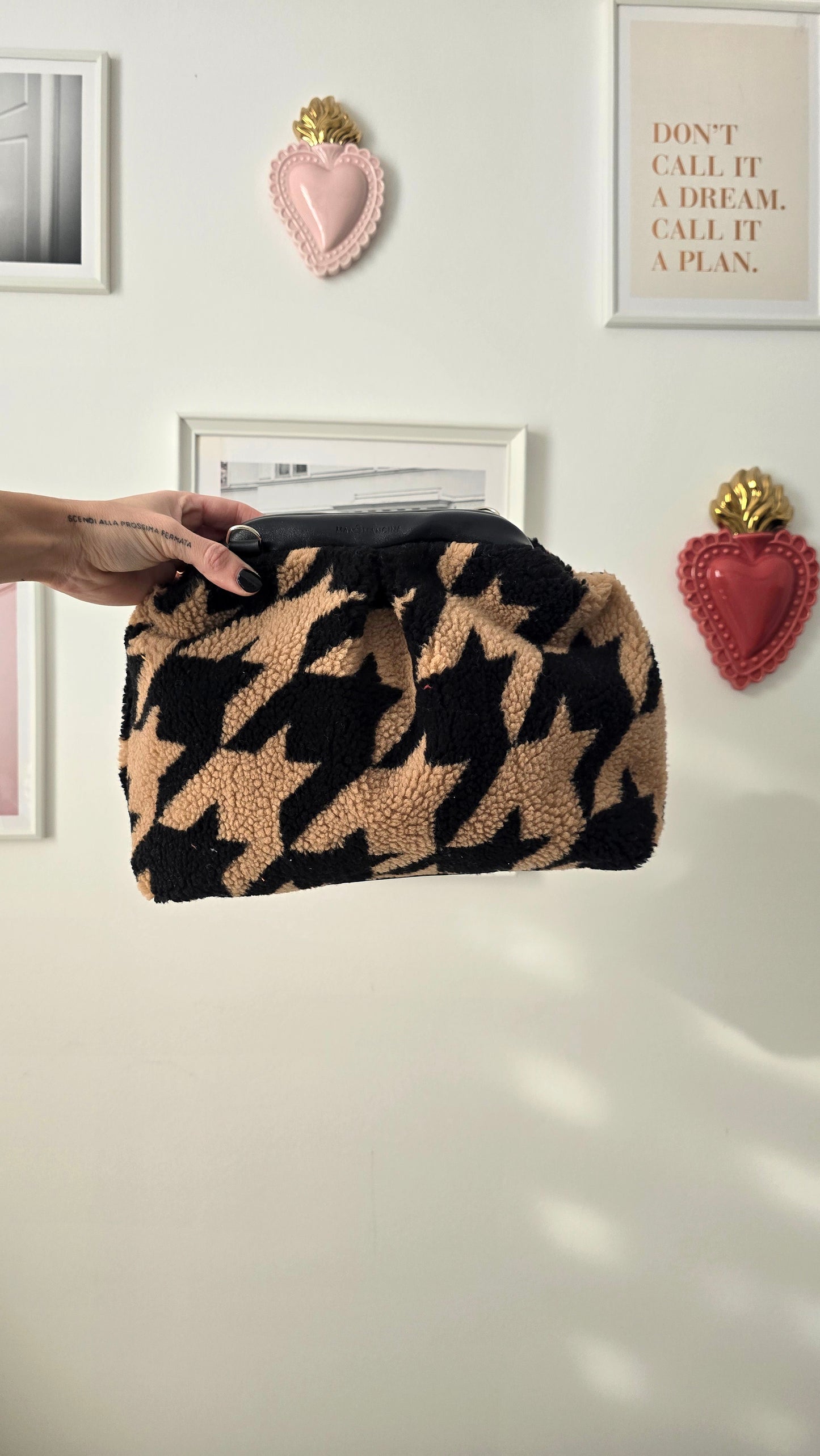 BORSA CLIC CLAC TEDDY pied de poule CAMMELLO/NERO