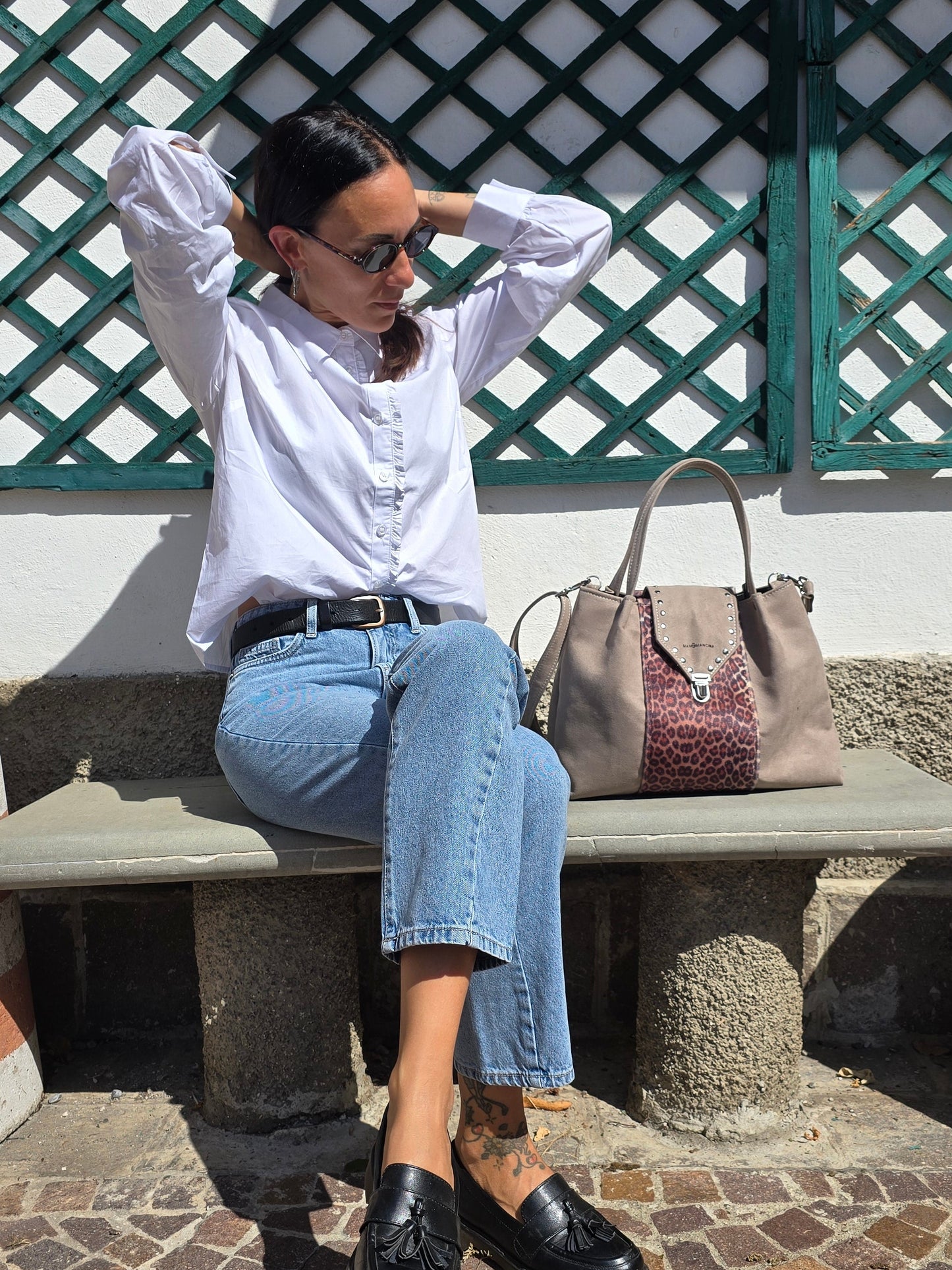 L'ARTIGIANA - similsuede tortora/ animalier +borchie
