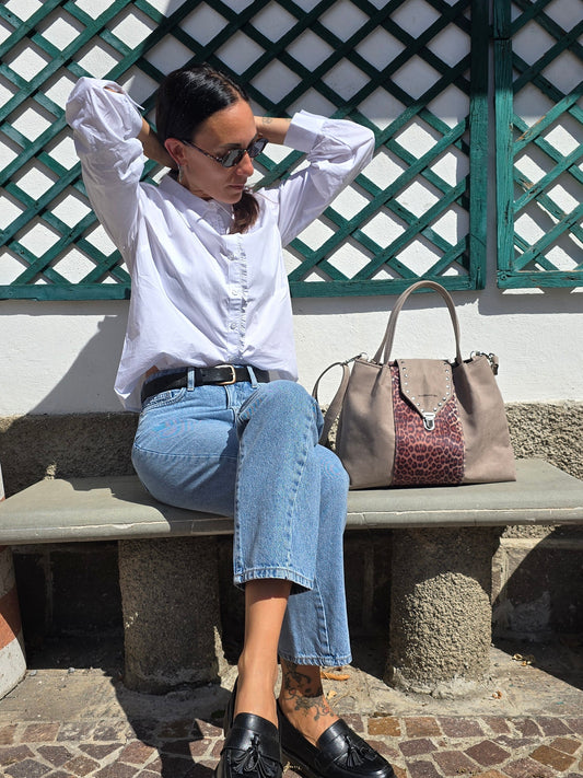 L'ARTIGIANA - similsuede tortora/ animalier +borchie