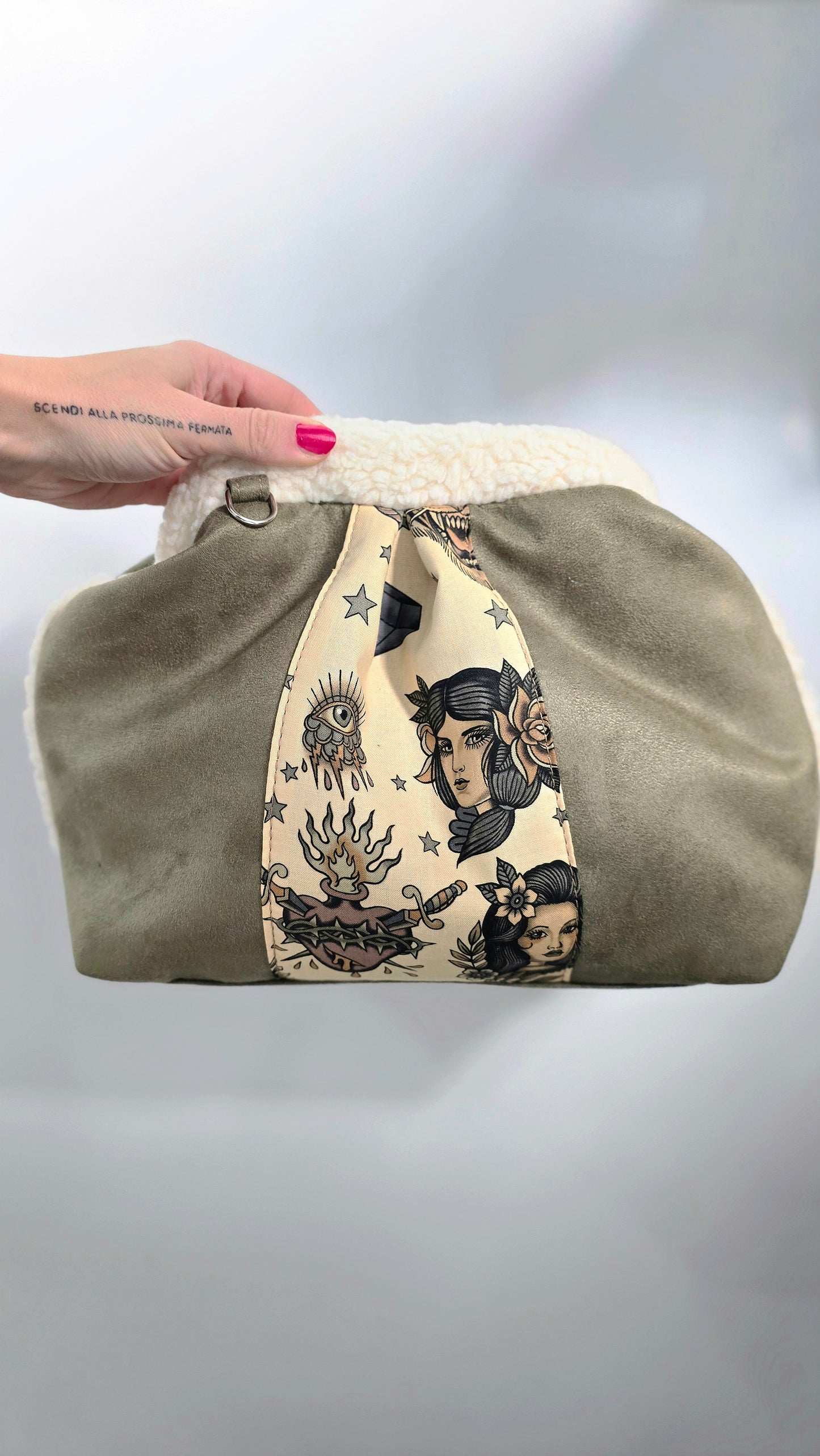 BORSA CLIC CLAC- simil suede/montone verde militare tattoo