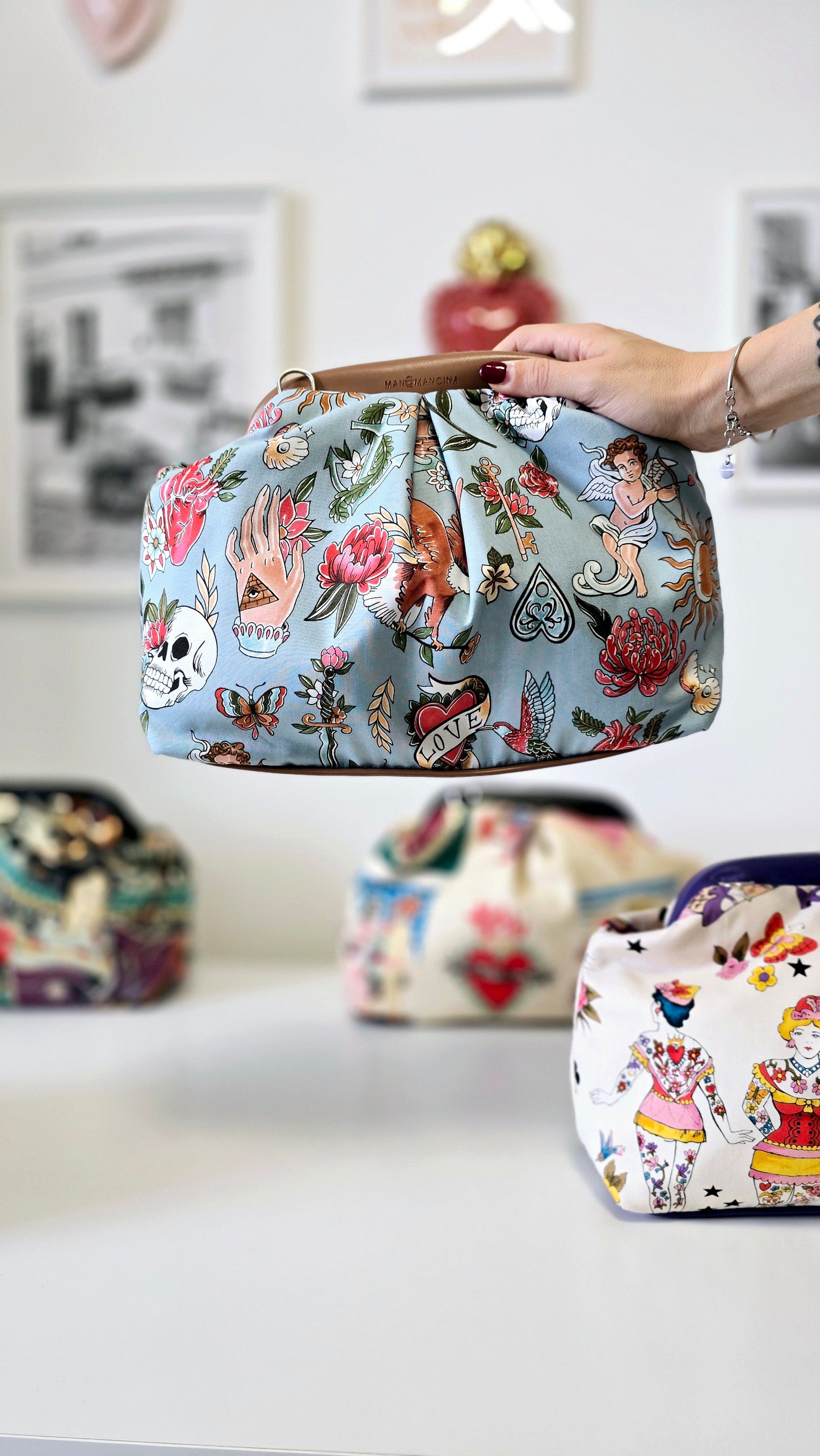 BORSA CLIC CLAC tracolla regolabile cuoio/tell tale azzurro