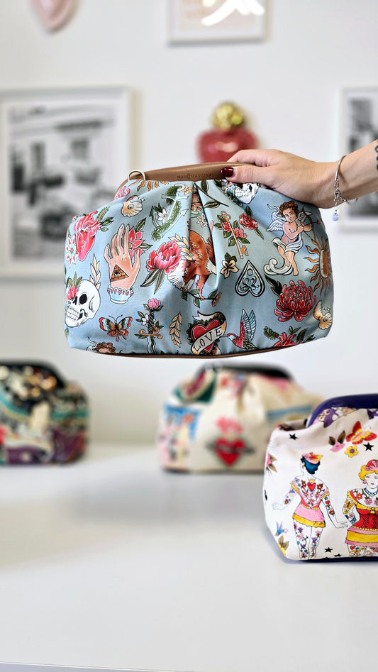 BORSA CLIC CLAC tracolla regolabile cuoio/tell tale azzurro