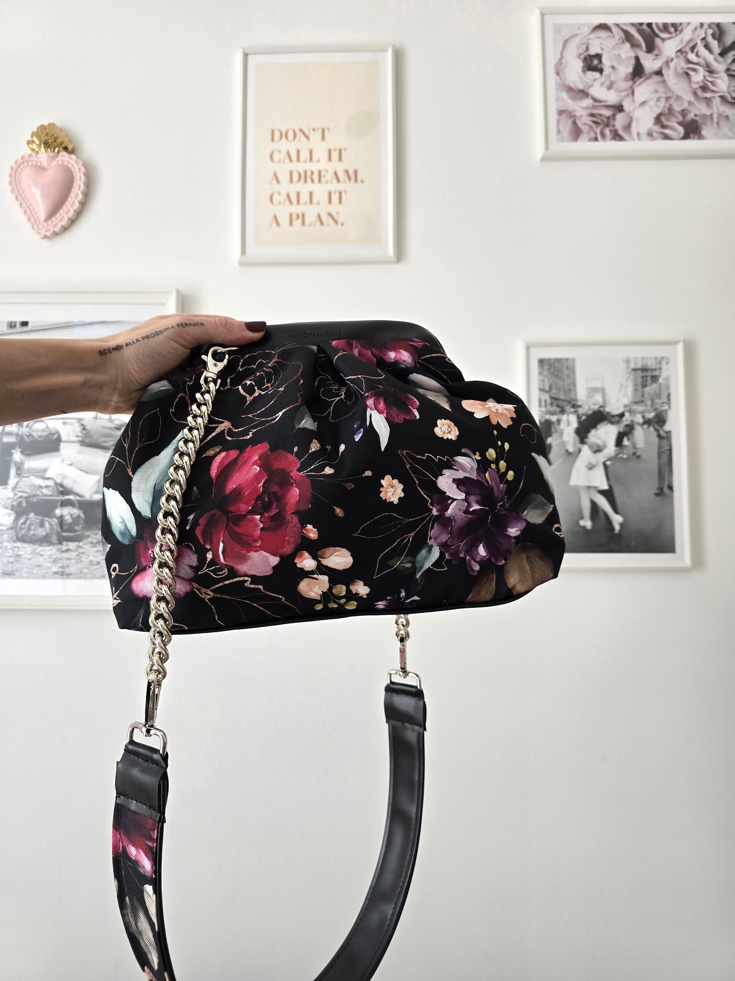 BORSA CLIC CLAC nero / fiori nero bordeaux