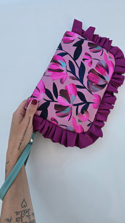 "MIRTA" pochette con rouches FLOWERS FUCSIA
