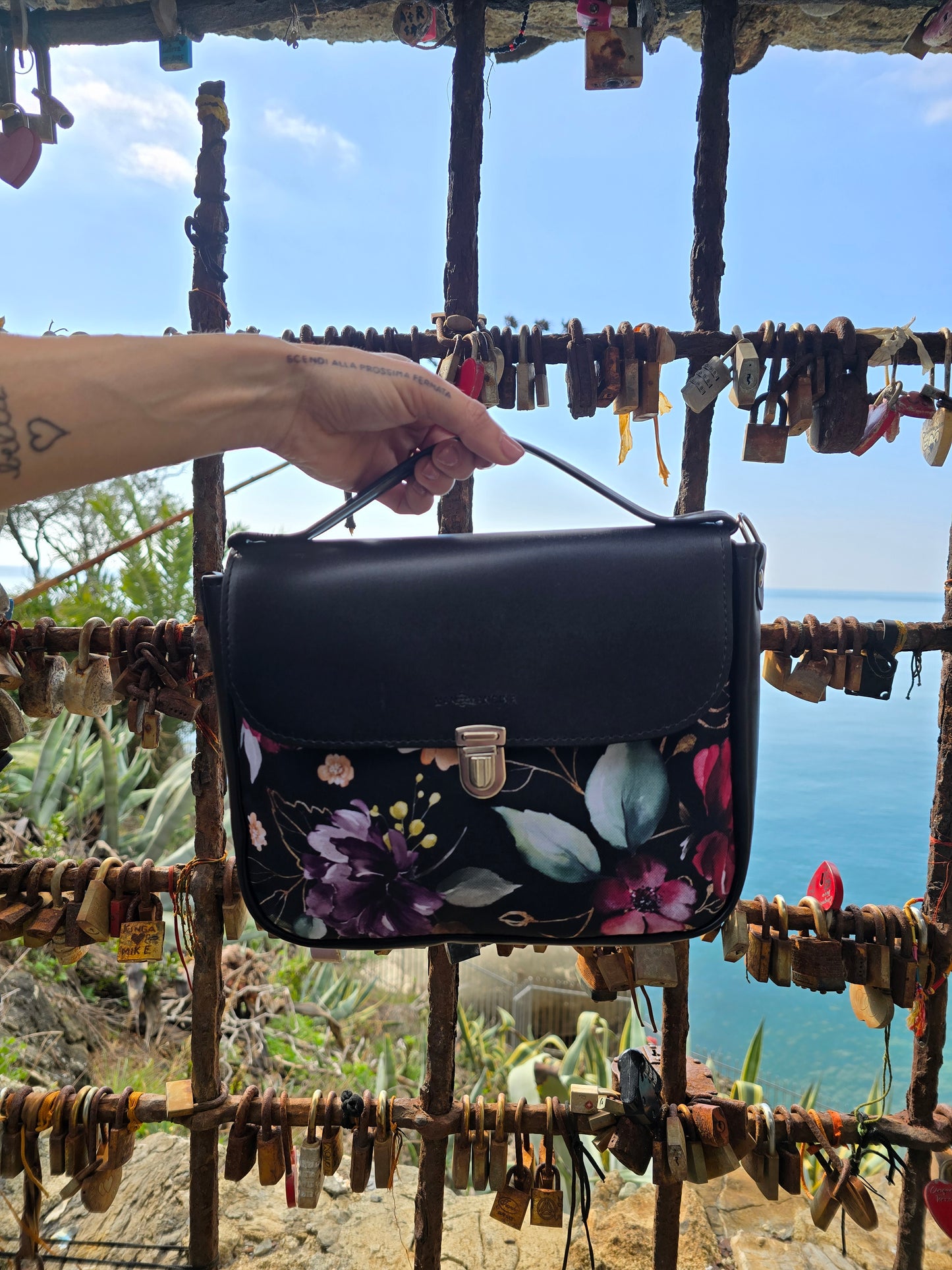 "DOTTY" VEGAN mini SIMILPELLE nero / flower nero bordeaux
