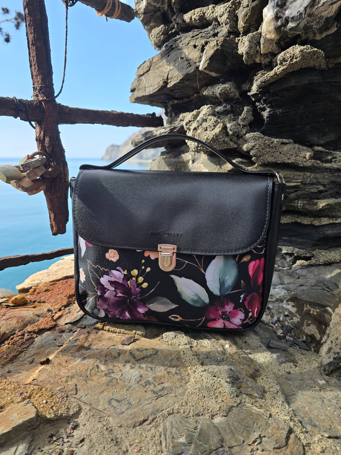 "DOTTY" VEGAN mini SIMILPELLE nero / flower nero bordeaux