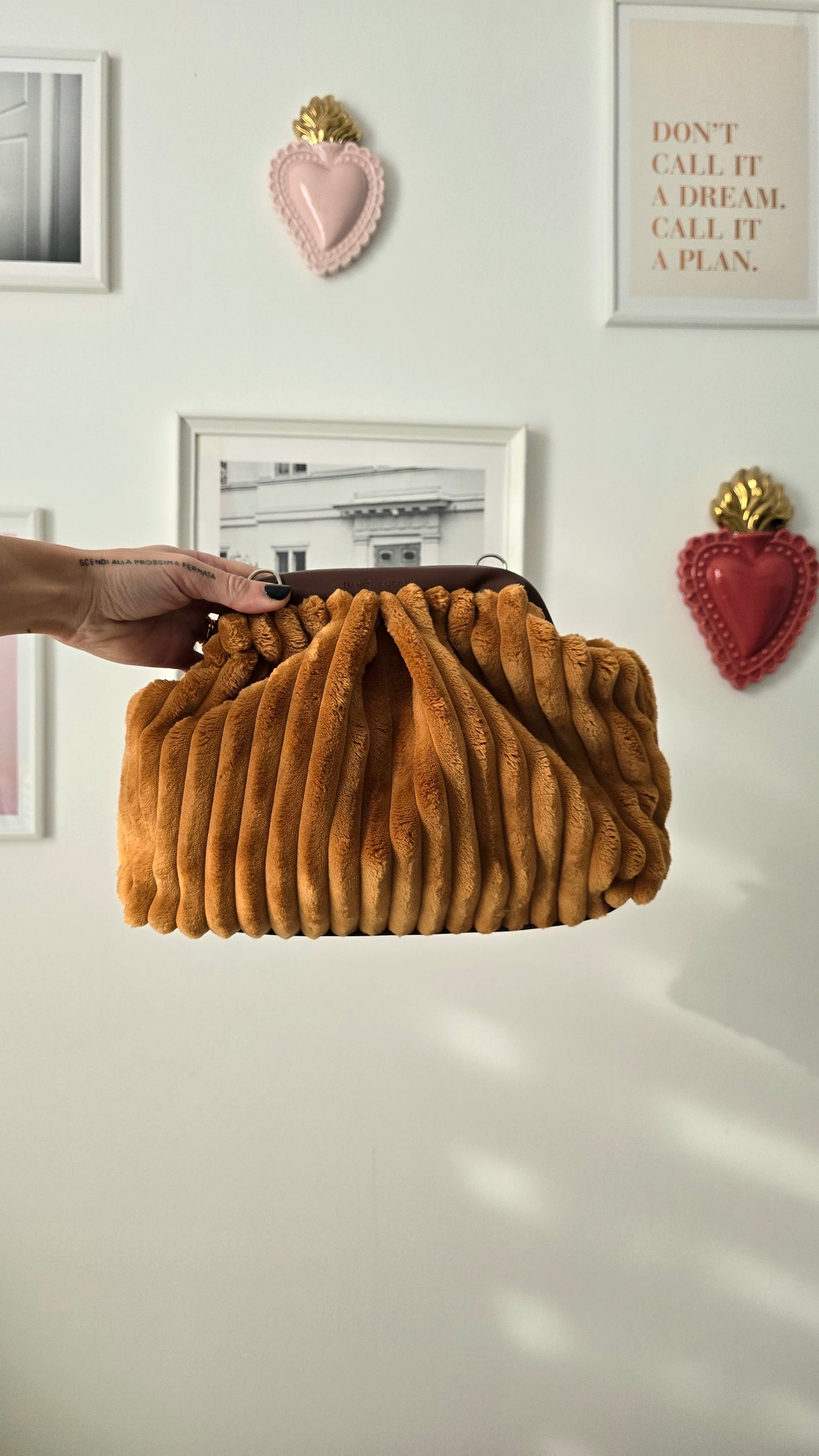 BORSA CLIC CLAC VELLUTO COSTONI ocra/cuoio