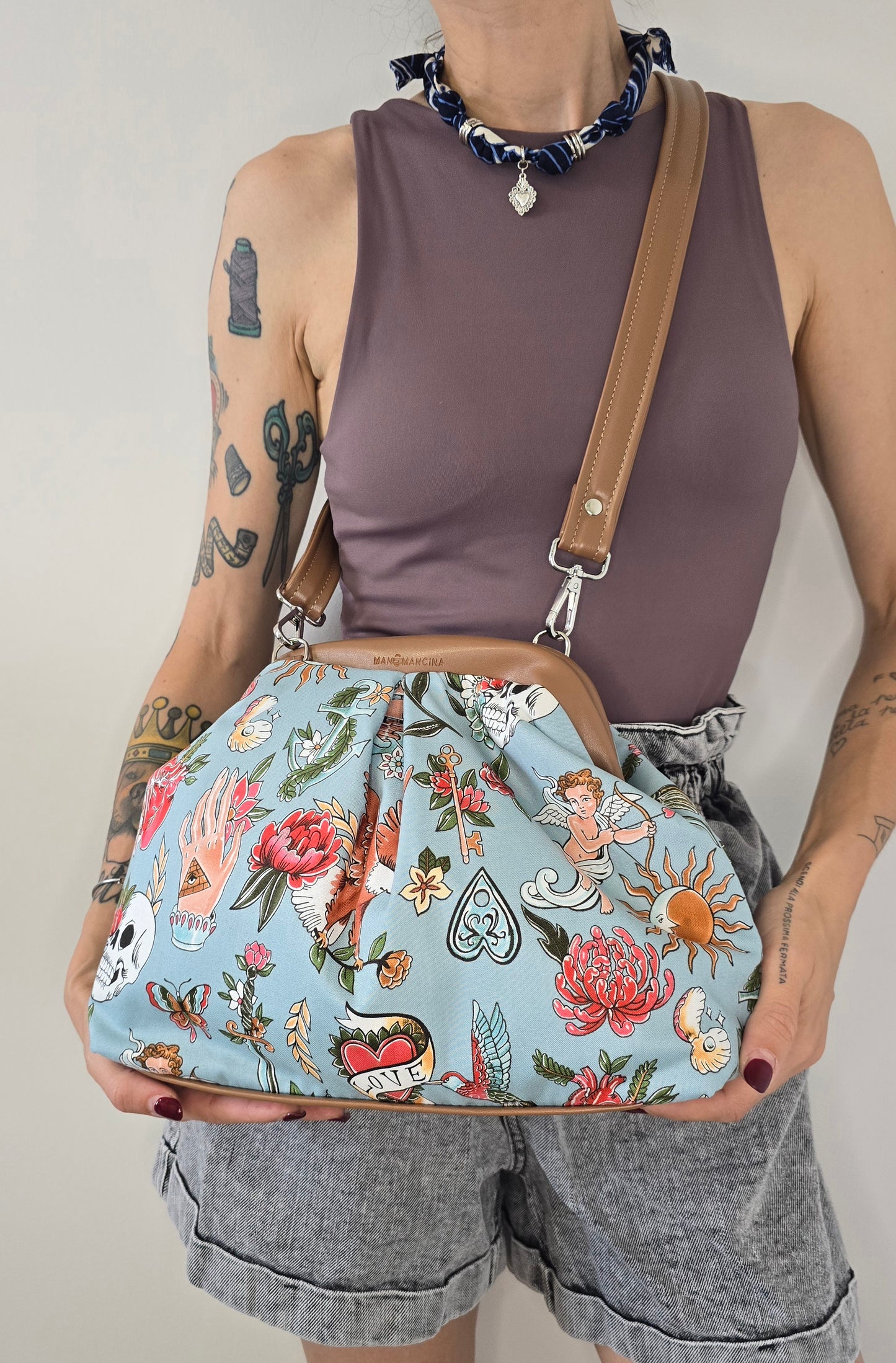 BORSA CLIC CLAC tracolla regolabile cuoio/tell tale azzurro