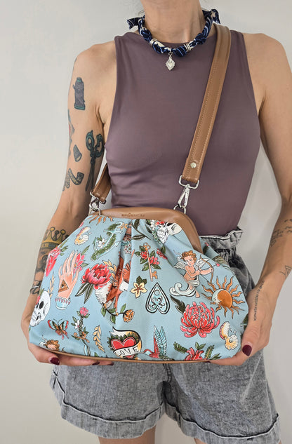 BORSA CLIC CLAC tracolla regolabile cuoio/tell tale azzurro