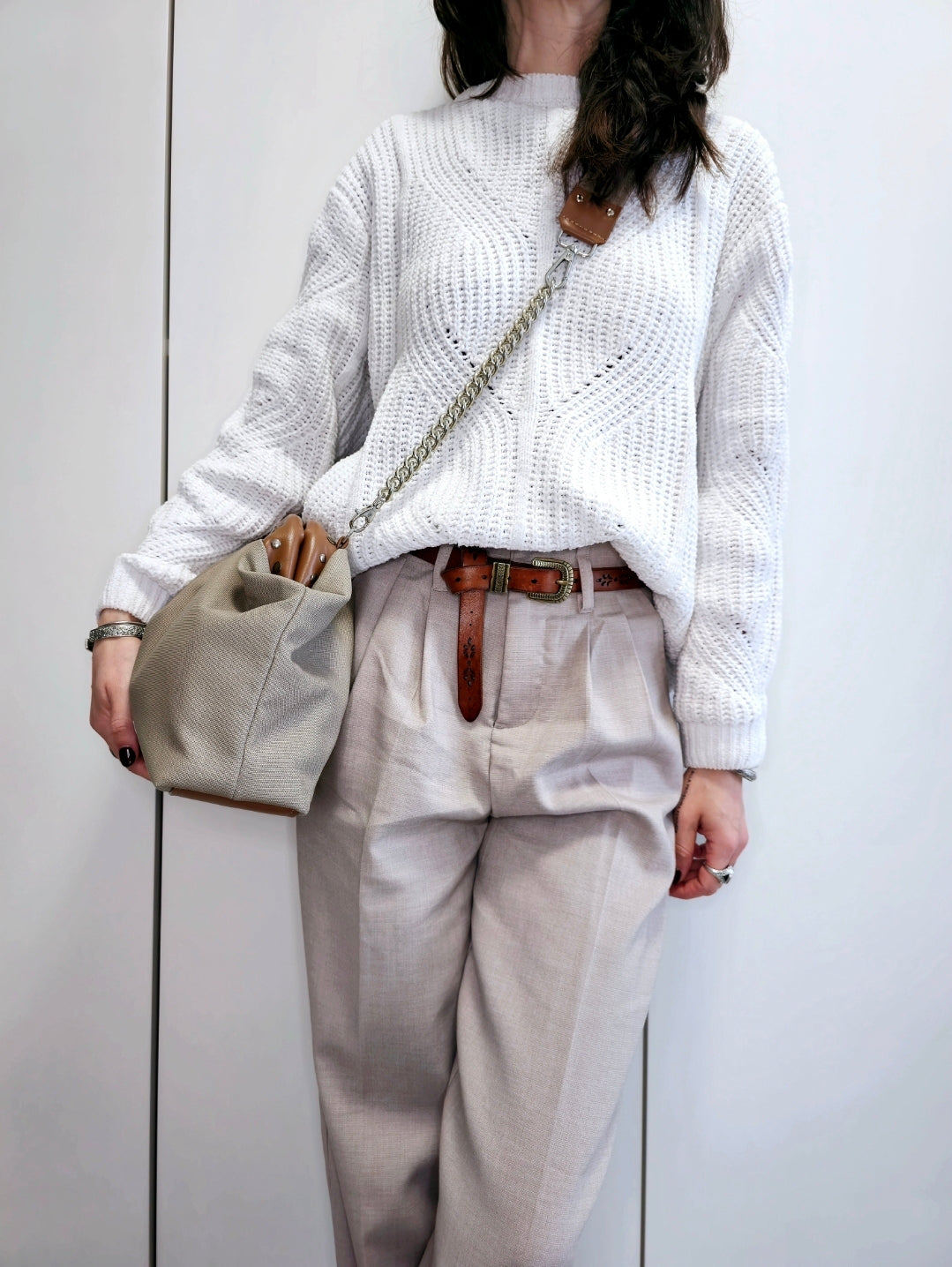 BORSA CLIC CLAC cuoio/borchie/canvas beige