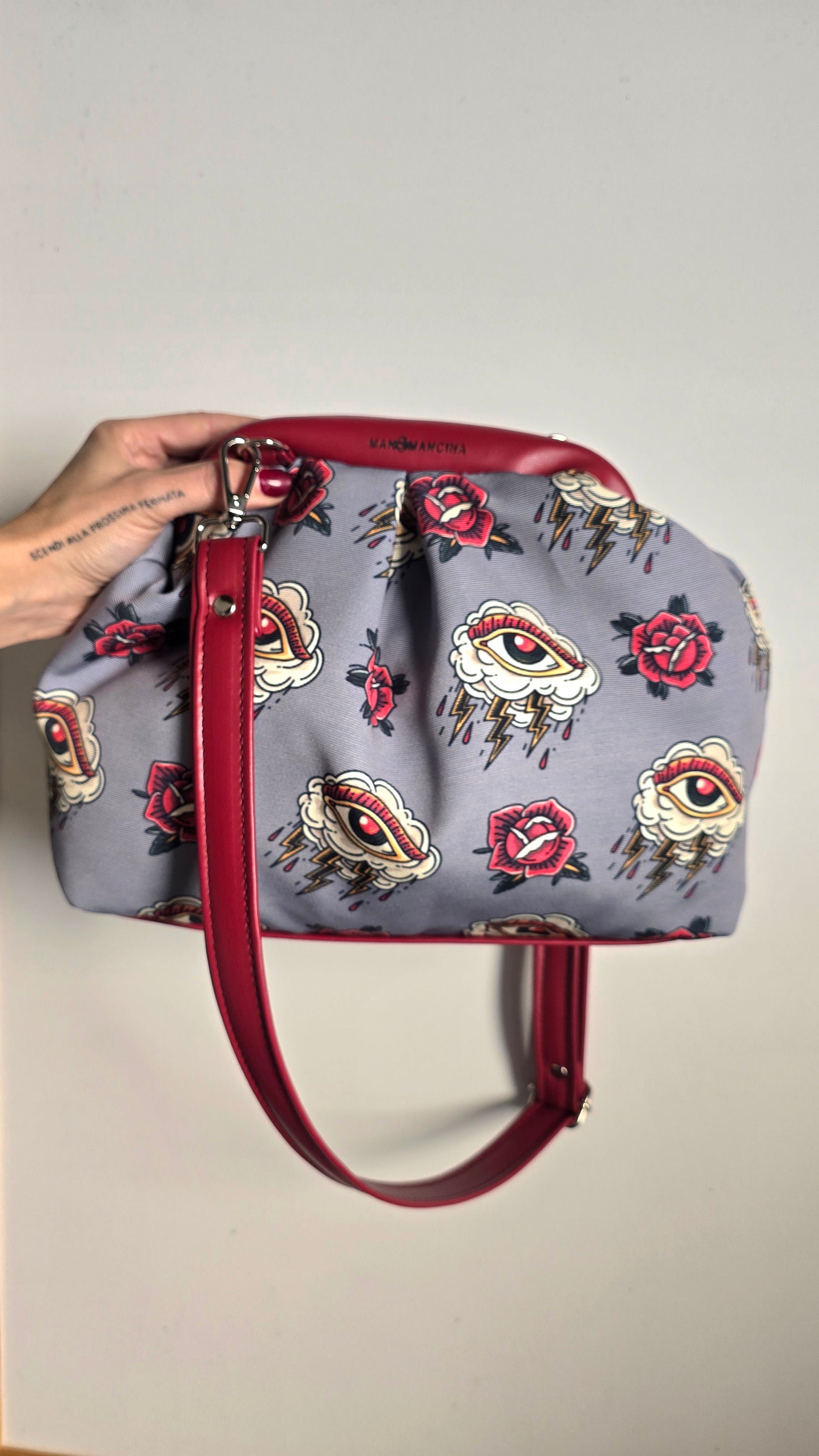 BORSA CLIC CLAC tracolla regolabile bordeaux/tattoo grigio