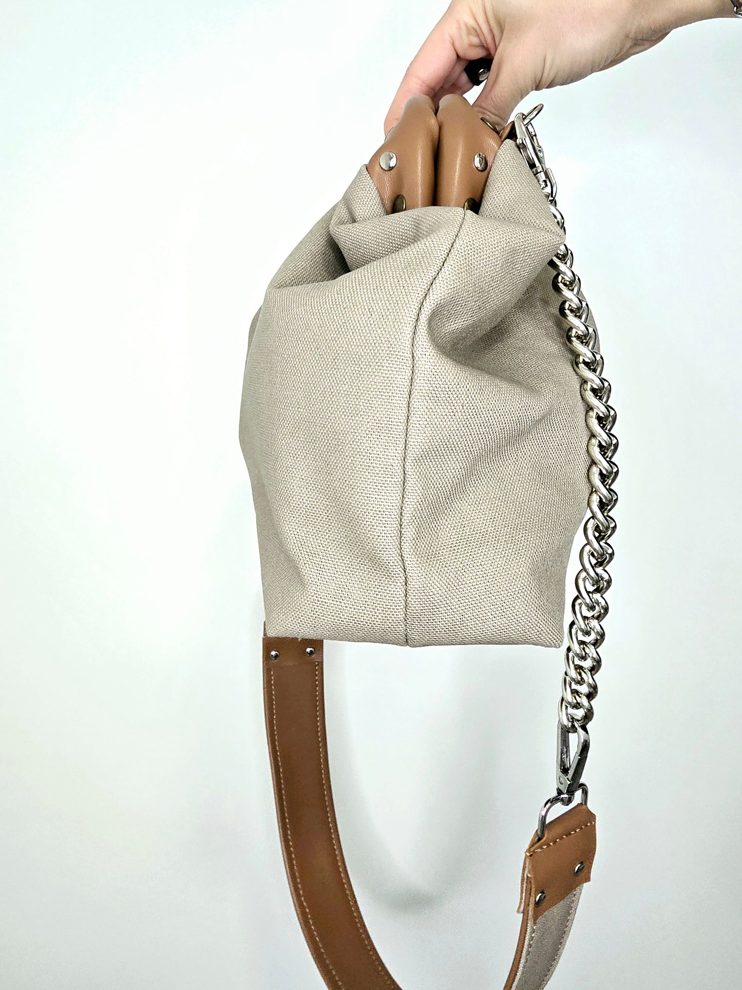 BORSA CLIC CLAC cuoio/borchie/canvas beige