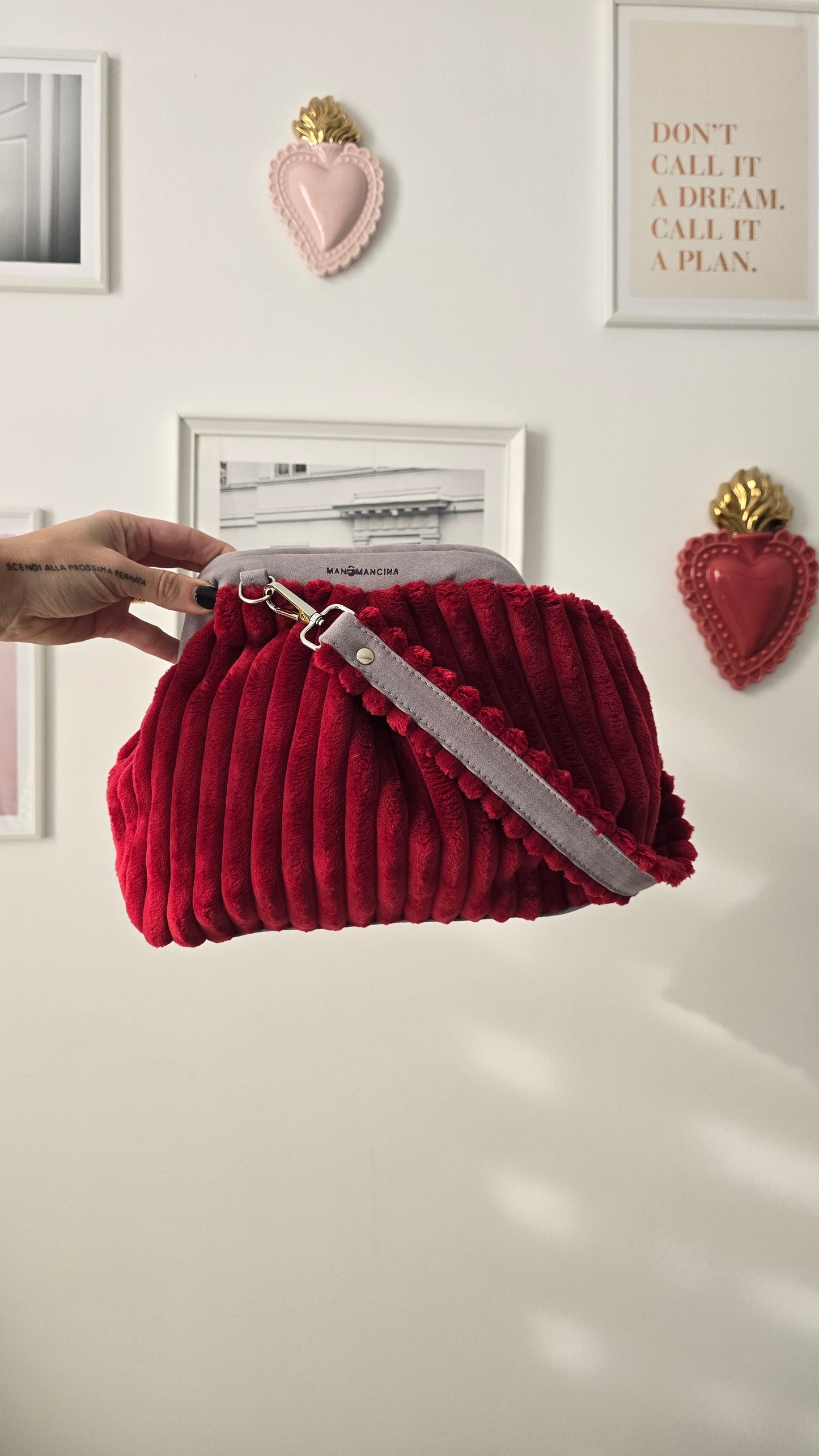 BORSA CLIC CLAC VELLUTO COSTONI bordeaux/grigio suede