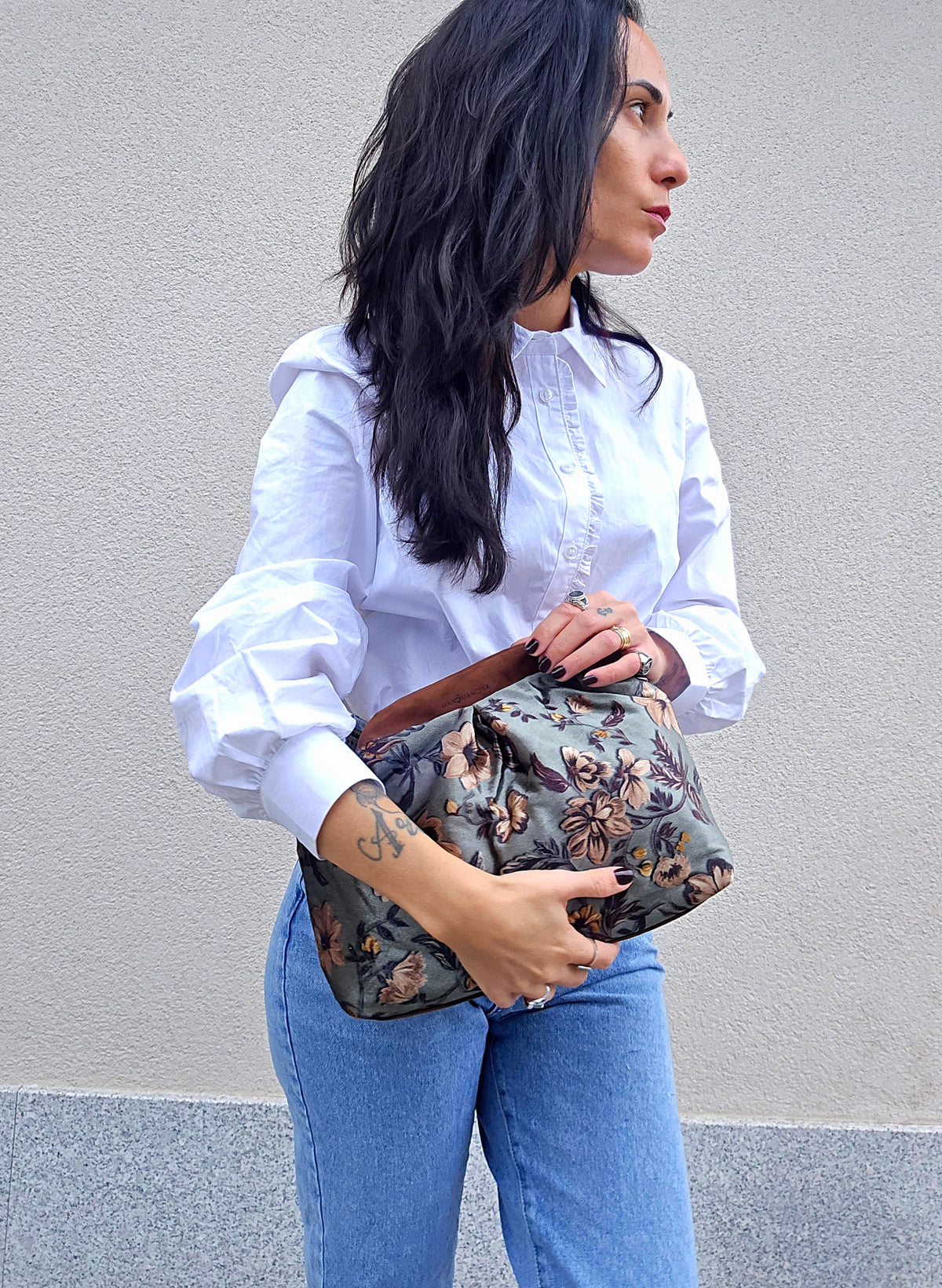 BORSA CLIC CLAC tracolla regolabile caffè/velluto fantasia fiori verde militare
