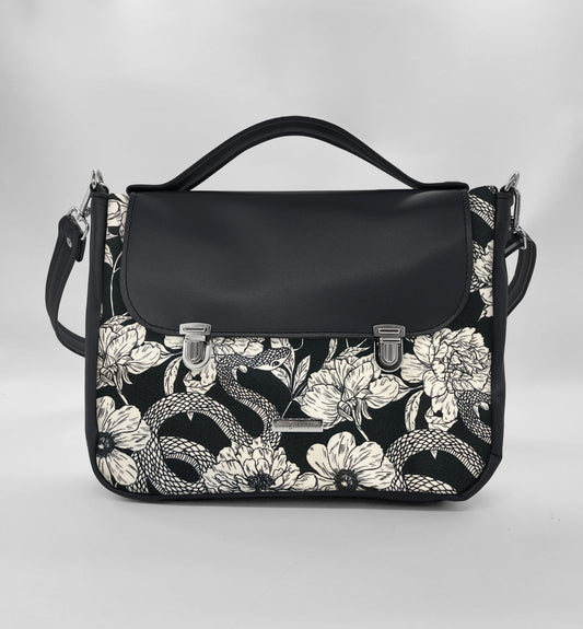 "DOTTY" VEGAN midi SIMILPELLE nero/fiori serpenti