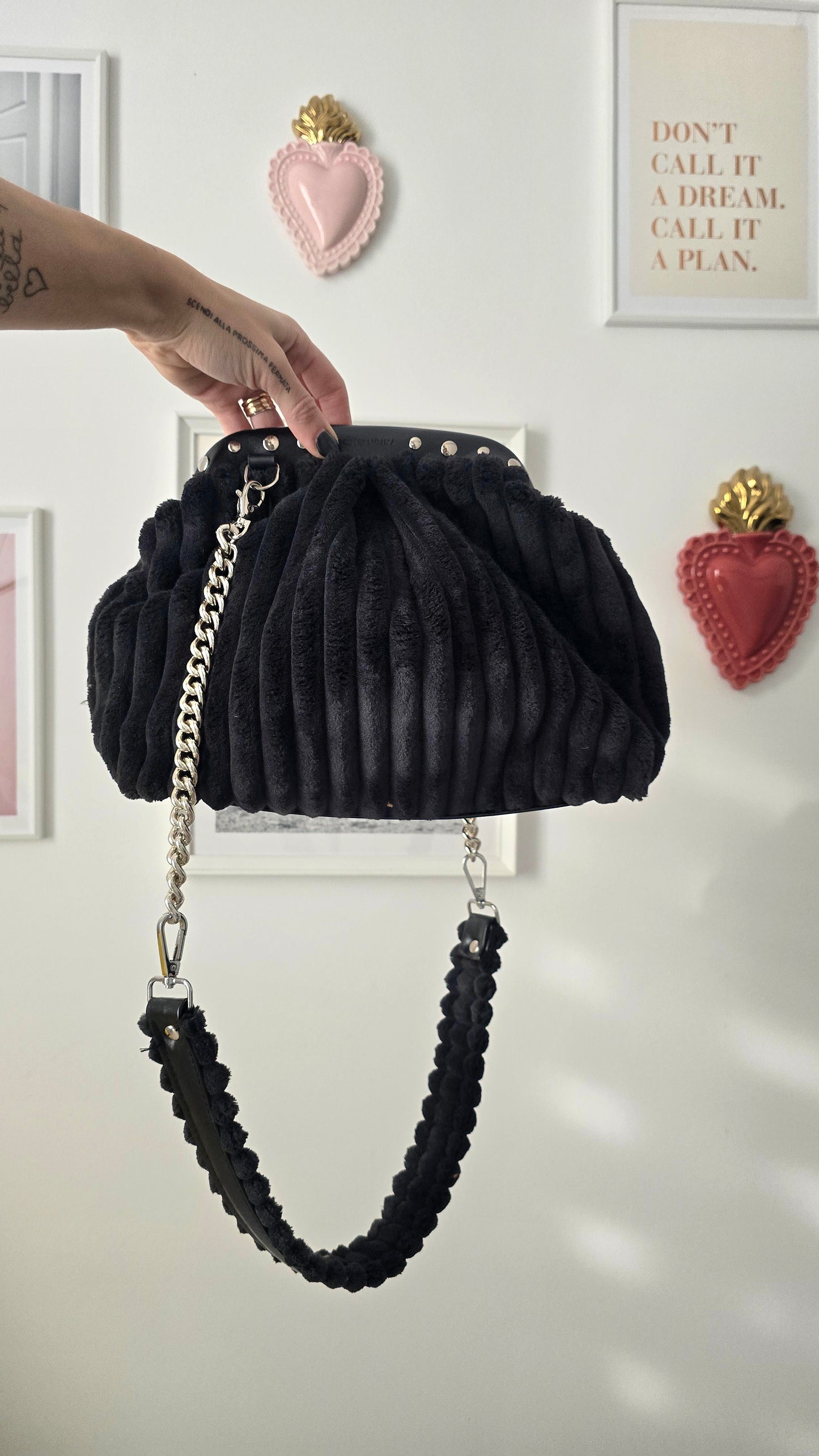 BORSA CLIC CLAC VELLUTO COSTONI nero/borchie