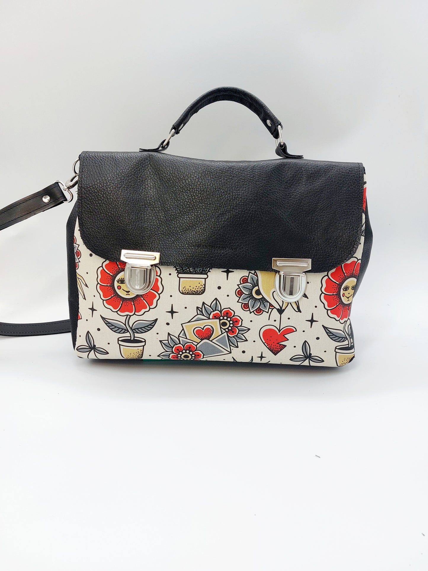 "DOTTY" VERA PELLE maxi 2 in 1 NERO/FLOWER CACTUS