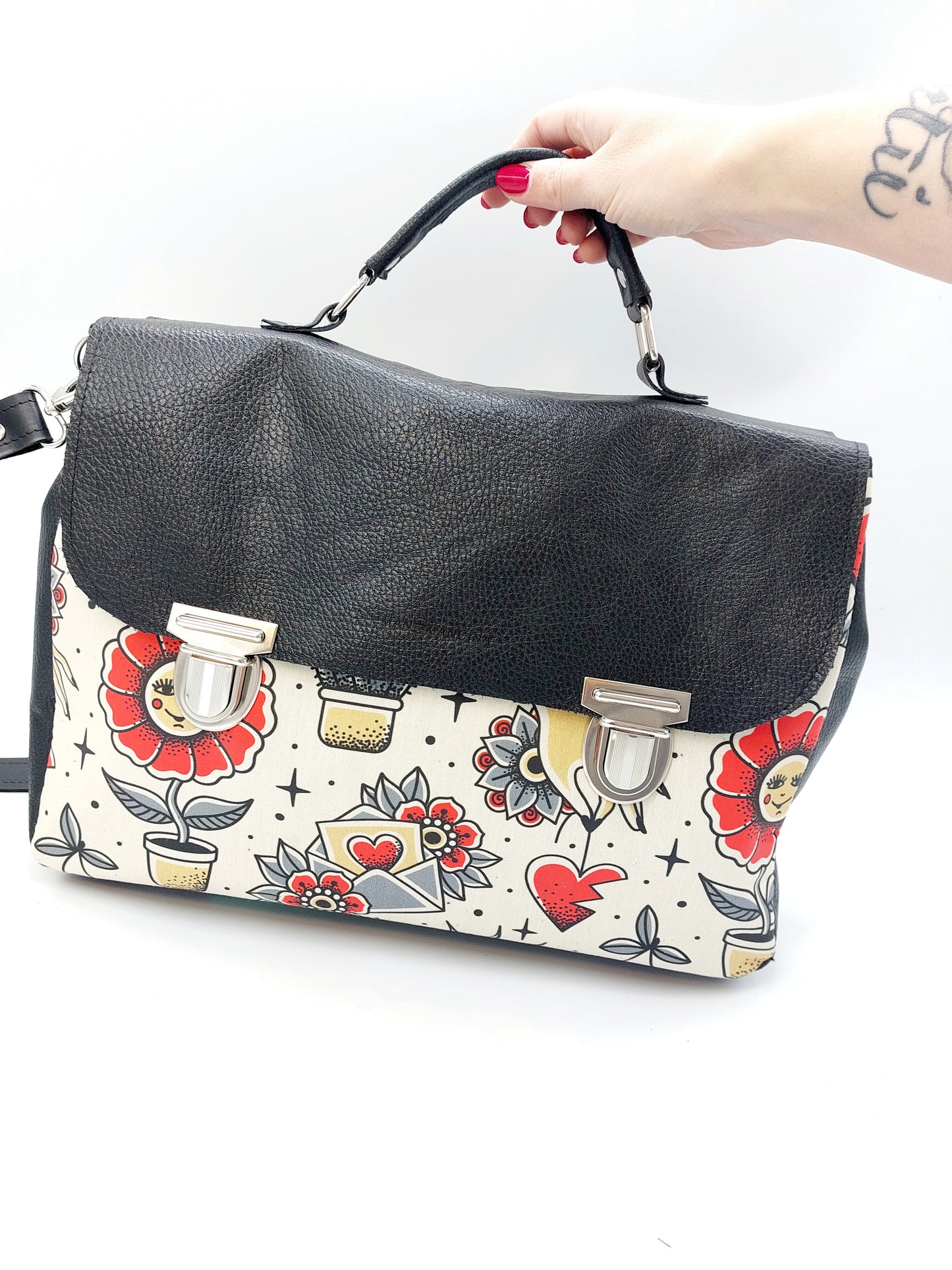 "DOTTY" VERA PELLE maxi 2 in 1 NERO/FLOWER CACTUS