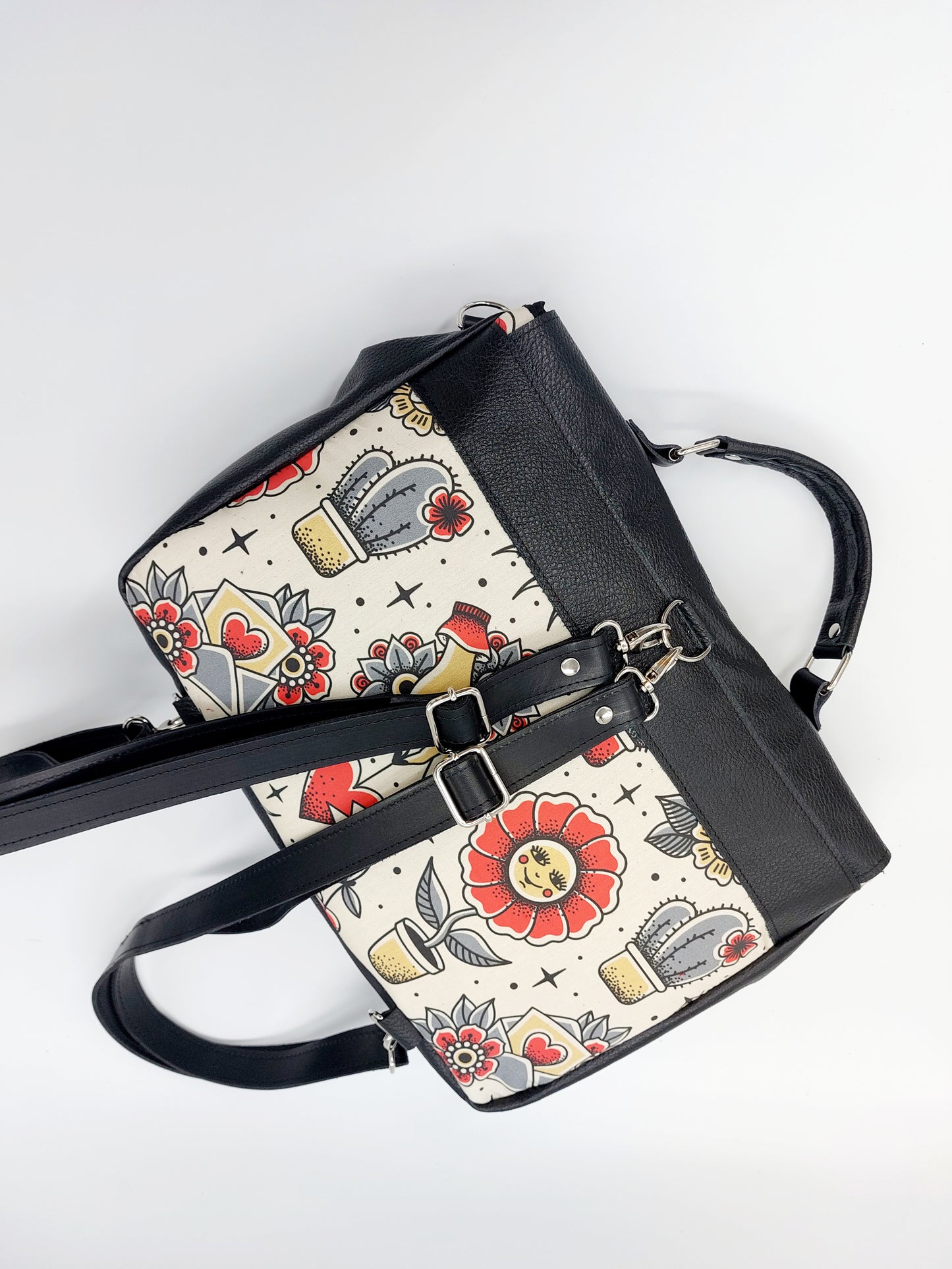 "DOTTY" VERA PELLE maxi 2 in 1 NERO/FLOWER CACTUS